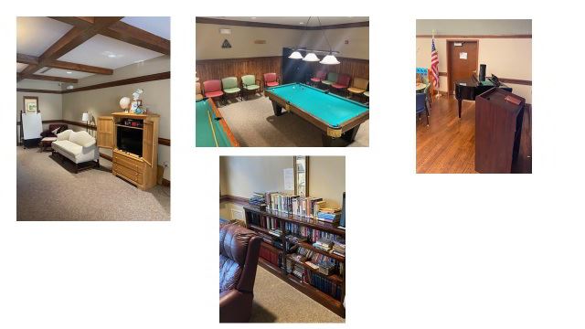 TV room; room with pool tables; room with lectern and piano; an armchair near bookshelves
